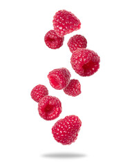 Levitating raspberries in the air on a transparent background