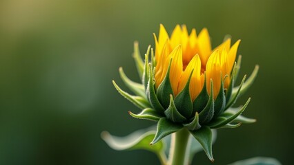 close sunflower bud bud center its bright yellow petals radiating outwards star like shape petals arranged way form starburst like pattern petal slightly overlapping one below edges bud slightly
