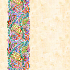 card with border of paisley pattern against of grungy texture. watercolor painting