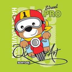 Cute Cartoon bear with motorcycle , Flat Vector Illustration