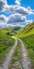 Scenic pathway in lush countryside under a blue sky