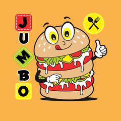 cute cartoon jumbo burger  , Natural food, isolated Flat Vector Illustration