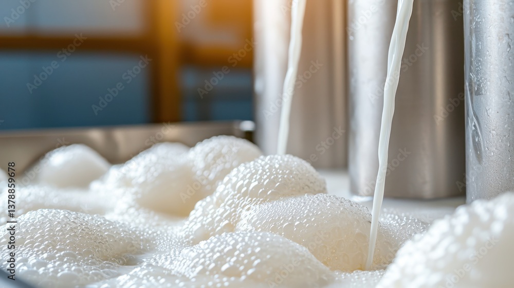 Poster Milking Machine Automation Concept, Slow Motion Capture of Milk Droplets Entering Bubbles Creating a Soft Foam Effect in Natural Light
