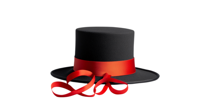 Black top hat with red ribbon isolated on white background --ar 16:9