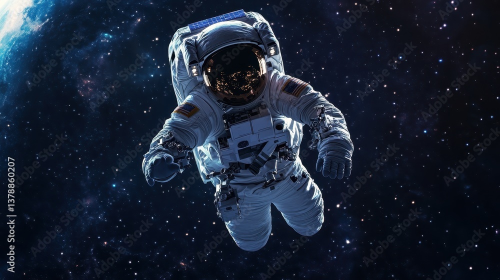 Poster astronaut floating in space with earth in the background during a clear cosmic scene