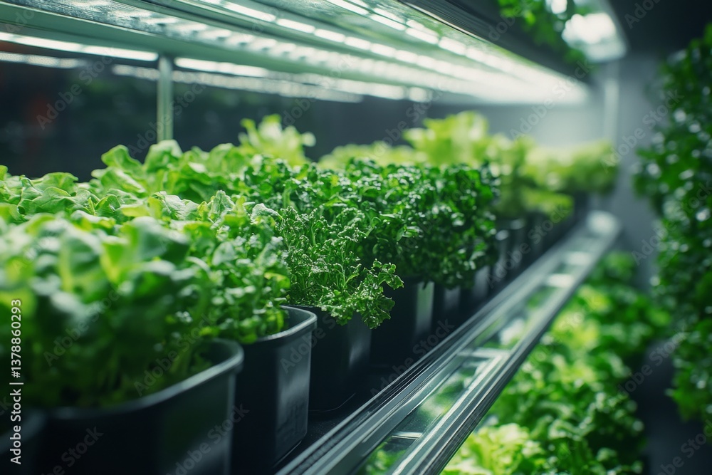 Poster rows of various lettuce types thrive in pots on multi-level shelves, illuminated by bright artificia