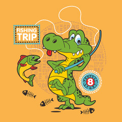 Cute crocodile  cartoon fishing, Animal Nature, isolated Flat Vector Illustration