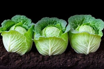 Fototapeta premium Fresh green cabbage crops growing in rich soil, showcasing vibrant leaves and healthy produce.