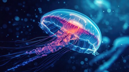 A translucent jellyfish floats in the deep ocean environment peacefully
