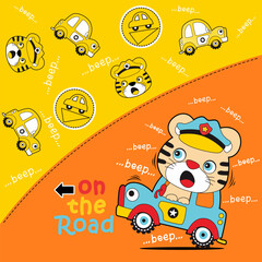Cartoon tiger with new car, Flat Vector Illustration