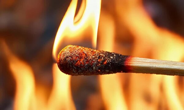 Lit Match Close up of a wooden match stick engulfed in a vibrant orange flame against blurred backdrop