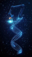 Futuristic robot arm manipulating DNA helix in a starry night sky