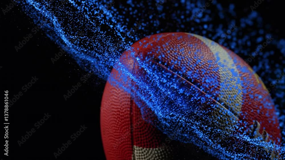 Poster swirling blue particle animation around basketball, creating dynamic visual effect