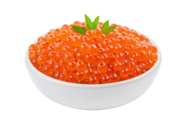 Fresh orange salmon roe in white bowl with green garnish on black background, cut out