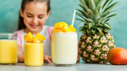 Mom Wellness Cooking Concept, Mother and Daughter Preparing Fresh Fruit Smoothies with Mango and Pineapple for a Healthy Snack Together