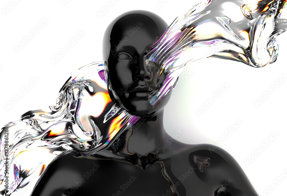 Aufkleber Futuristic 3D rendering of a humanoid face intertwined with iridescent, fluid-like shapes, creating a dynamic visual contrast and a sense of movement and modernity.