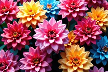 Obraz premium Intricate dahlia blooms in vibrant hues, forming a repeating floral pattern , dahlia pattern, flowers, bloom