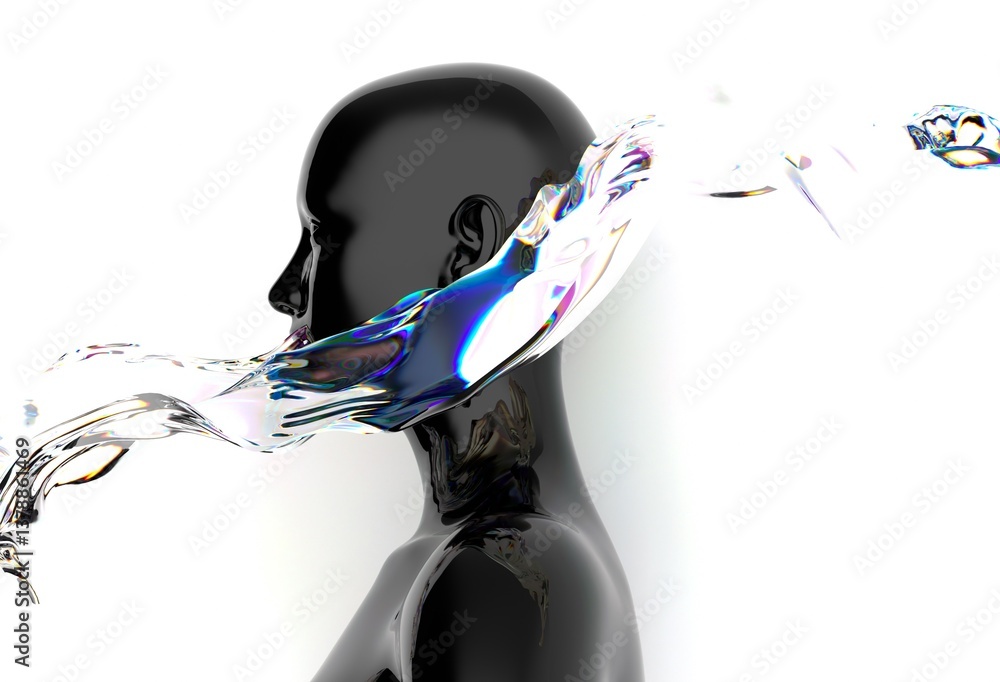 Poster Futuristic 3D rendering of a black humanoid face intertwined with iridescent, fluid-like shapes, creating a dynamic visual contrast and a sense of movement and modernity.