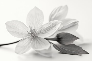 Fototapeta premium A minimalist black and white photograph highlighting a delicate white flower and its leaves, capturing the essence of beauty, simplicity, and natural elegance in its design.