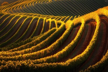 Fototapeta premium Vineyard landscape at sunset showcasing golden hues