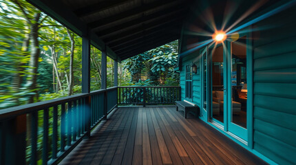 Fototapeta premium A beautifully crafted wooden deck of a house, surrounded by lush greenery, offering a serene and inviting outdoor space.