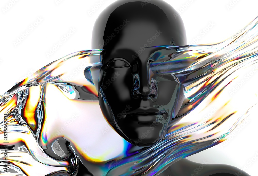 Poster Futuristic 3D rendering of a humanoid face intertwined with iridescent, fluid-like shapes, creating a dynamic visual contrast and a sense of movement and modernity.
