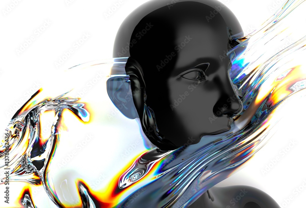 Aufkleber Futuristic 3D rendering of a black humanoid face intertwined with iridescent, fluid-like shapes, creating a dynamic visual contrast and a sense of movement and modernity.