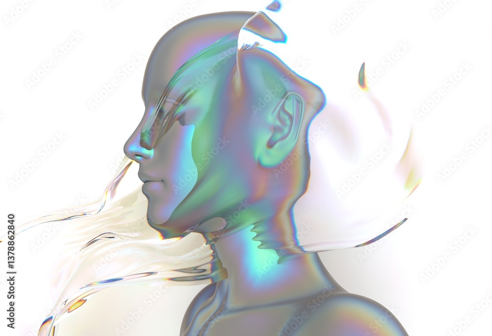 Poster futuristic abstract human figure with a smooth, iridescent surface, featuring vibrant holographic co