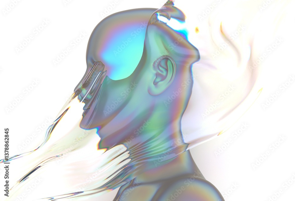 Poster futuristic abstract human figure with a smooth, iridescent surface, featuring vibrant holographic co