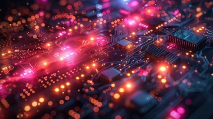 Obraz premium Close-up of glowing circuit board with illuminated components