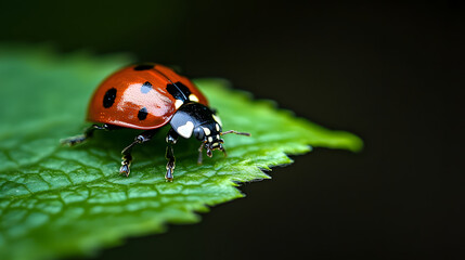 Obraz premium A close-up shot of a ladybug on a vibrant green leaf, its black spots clearly visible as it rests peacefully in nature.