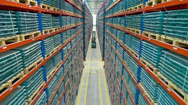Drone moving down between shelves in a large warehouse.