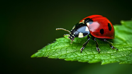 Fototapeta premium A close-up shot of a ladybug on a vibrant green leaf, its black spots clearly visible as it rests peacefully in nature.