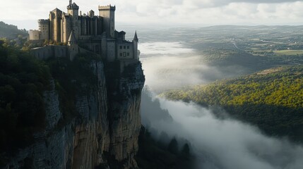 Fototapeta premium Majestic castle perched on a cliff amidst foggy hills in a serene landscape at dawn
