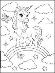 Bold and Easy Printable Unicorn Coloring Page for Kids. Cute, Hand-Drawn, Black and White Coloring Sheet with Cartoon Characters and Simple Doodles