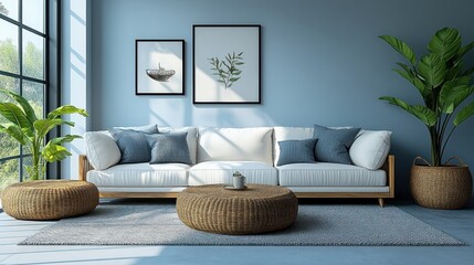 Modern living room interior design, light blue walls, white sofa, wicker furniture, natural prints