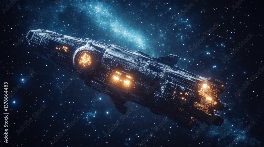 Poster futuristic spaceship exploring the depths of outer space with cosmic background and glowing lights
