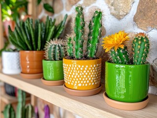A Vibrant Collection of Potted Cacti and Succulents Adorns a Rustic Stone Shelf, Showcasing the Beauty of Desert Plants in Colorful Ceramic Pots Explore the Diversity of Cactus Species, From Spiky