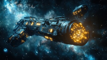 Futuristic spaceship exploring the depths of outer space with cosmic background and glowing lights