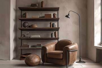 Brown Leather Armchair in Front of Elegant Wooden Shelf with Shelves and Decorative Objects, Soft Gray Rug on Floor, Stylish Black Table Lamp from Ceiling, Nearby Football, 