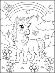 Bold and Easy Printable Unicorn Coloring Page for Kids. Cute, Hand-Drawn, Black and White Coloring Sheet with Cartoon Characters and Simple Doodles