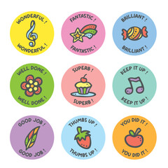 Set of kids children cute praise encouragement grade sticker stamp for student teacher back to school classroom study kindergarten reward motivation for print mark label