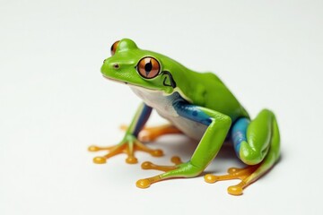 Green tree frog perched on white, vibrant skin, nature photography, macro photography
