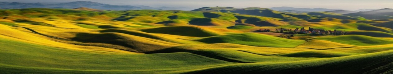 Fototapeta premium Rolling green hills with golden fields in sunlight