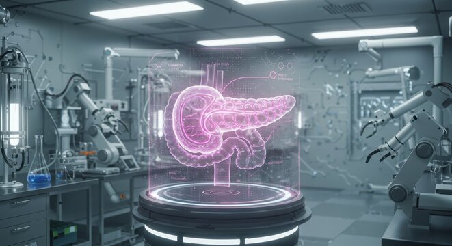 Advanced Medical Technology Pancreas Hologram Display in Modern Futuristic Laboratory Setting