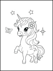 Bold and Easy Printable Unicorn Coloring Page for Kids. Cute, Hand-Drawn, Black and White Coloring Sheet with Cartoon Characters and Simple Doodles