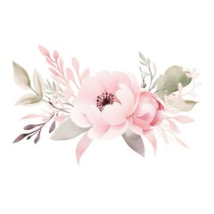 Fototapeta premium Illustration features soft pink flowers and leaves arranged in an elegant floral design against a white background.