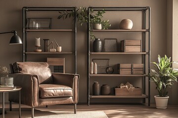 Stylish Modern Living Room with Dark Brown Leather Armchair, Book Shelf, Decor Items, Coffee Table, Wooden Floor, Small Plant, Industrial-Style Lamp, Decorative Shelves, Vases, Figurines, Art Pieces, 