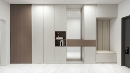 A modern, minimalist hallway storage unit featuring sleek white and wood panels, open shelves, a built-in mirror, and a cushioned seating nook with vertical padding
