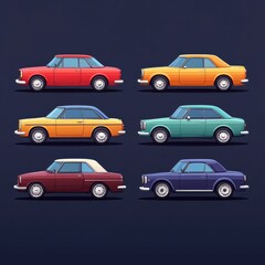 Fototapeta premium Vintage cars in various colors lined up against a dark backdrop showcasing classic automotive design